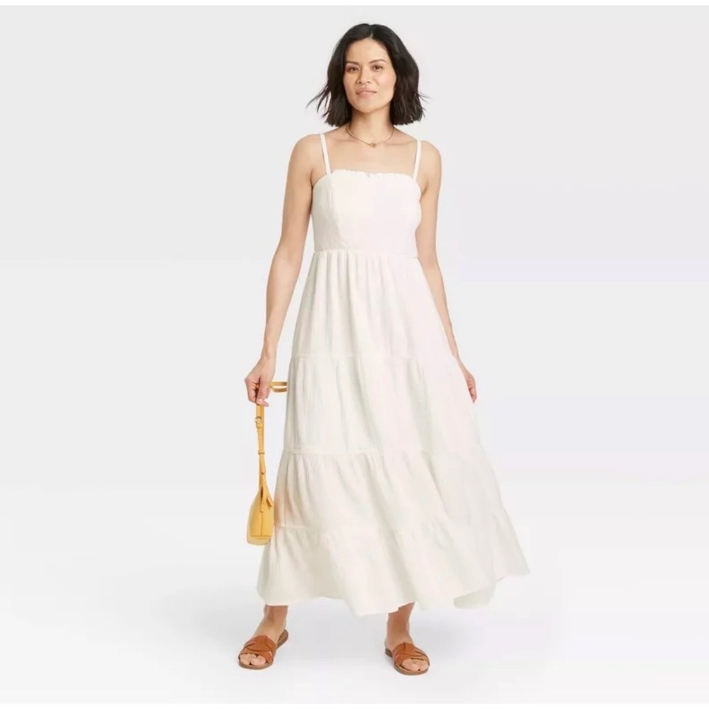 Knox‎ Rose White Cotton Gauze Tiered Maxi Dress Smocked Back Boho Summer Small